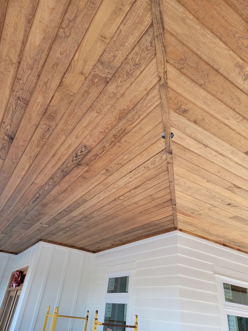 Tongue-and-groove wood porch ceiling